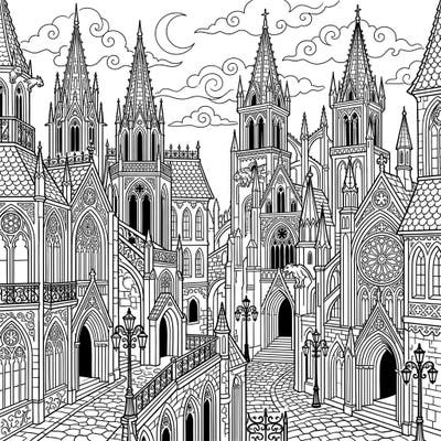 Unleash your creativity with this exquisitely detailed Gothic architectural art coloring page. Dive into a world of intricate spires, majestic arches, and shadowed pathways, all waiting for your unique palette.