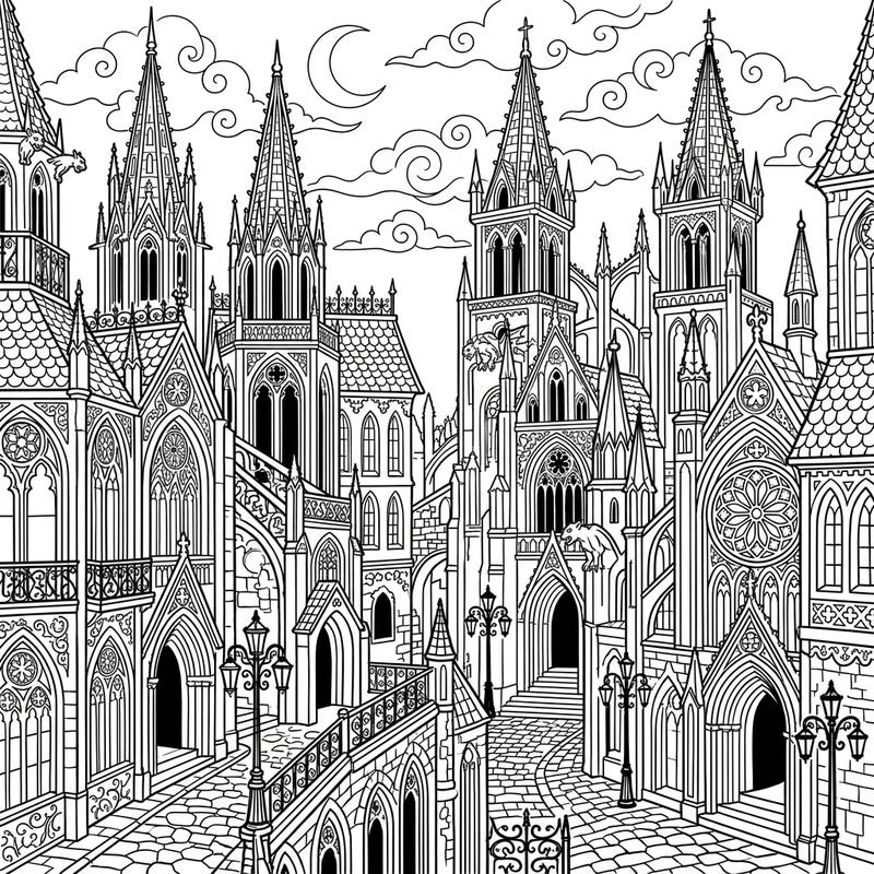 Unleash your creativity with this exquisitely detailed Gothic architectural art coloring page. Dive into a world of intricate spires, majestic arches, and shadowed pathways, all waiting for your unique palette.