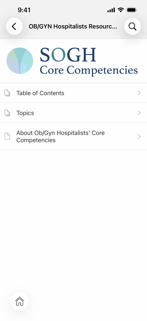 SOGH: OB/GYN Resource Center - Aplicación SOGH OB GYN Resource Center que muestra el menú de navegación de Competencias Fundamentales