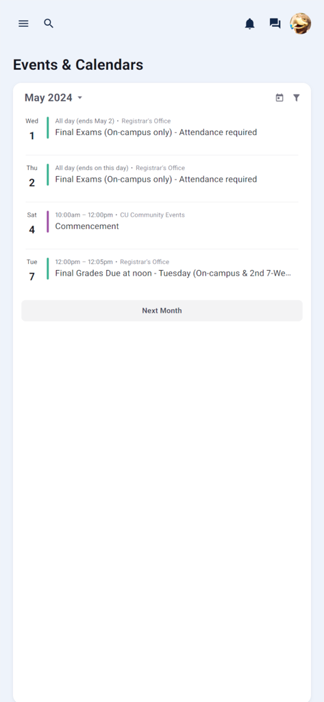Screenshot della sezione Eventi e Calendari nell'app My CU che mostra scadenze accademiche e la cerimonia di laurea per Cornerstone University.