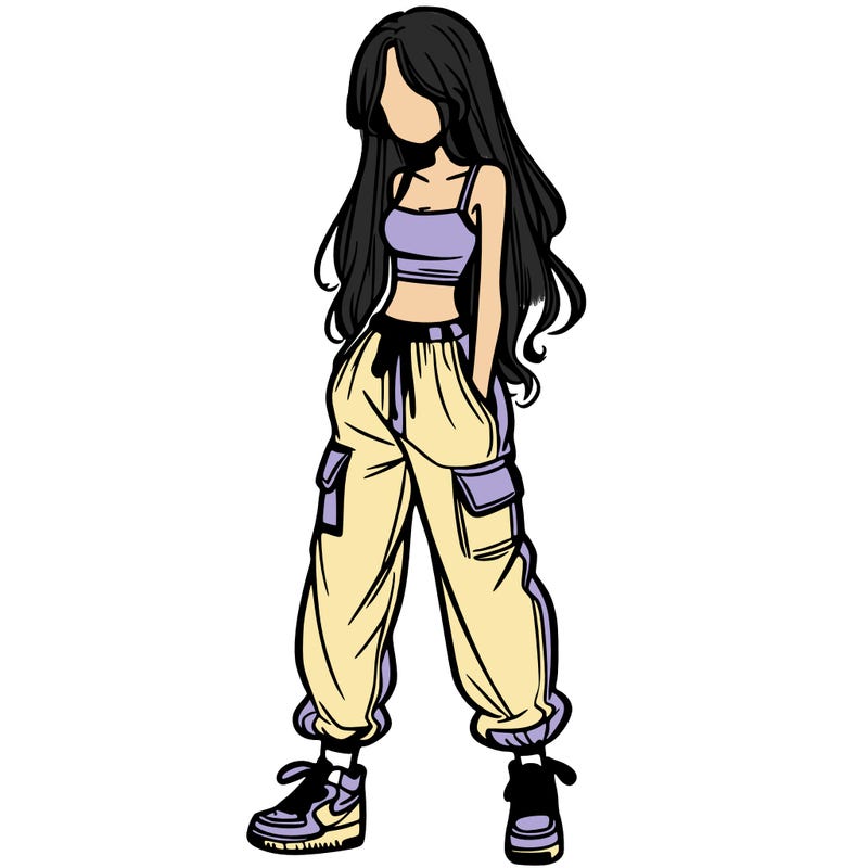 girl in baggy pants crop top and long hair