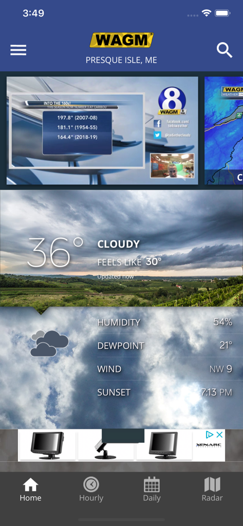 WAGM: Your Local Weather - WAGM local weather app interface showing current conditions and forecast for Presque Isle Maine