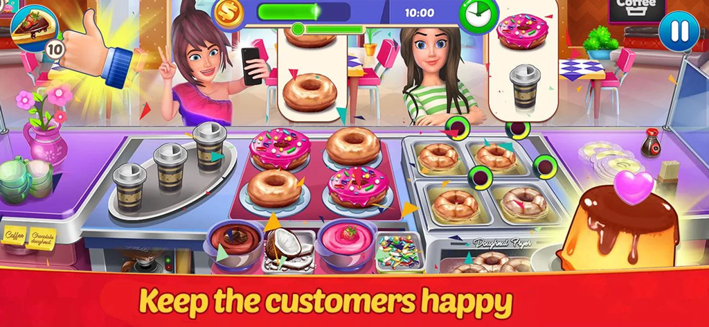 Gameplay screenshot of Kitchen Chef showing a chef preparing donuts and coffee for happy customers