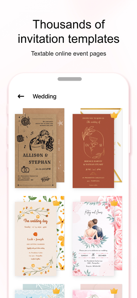 Invitation Maker Greeting Card - A mobile app display showing various wedding invitation card templates and designs.