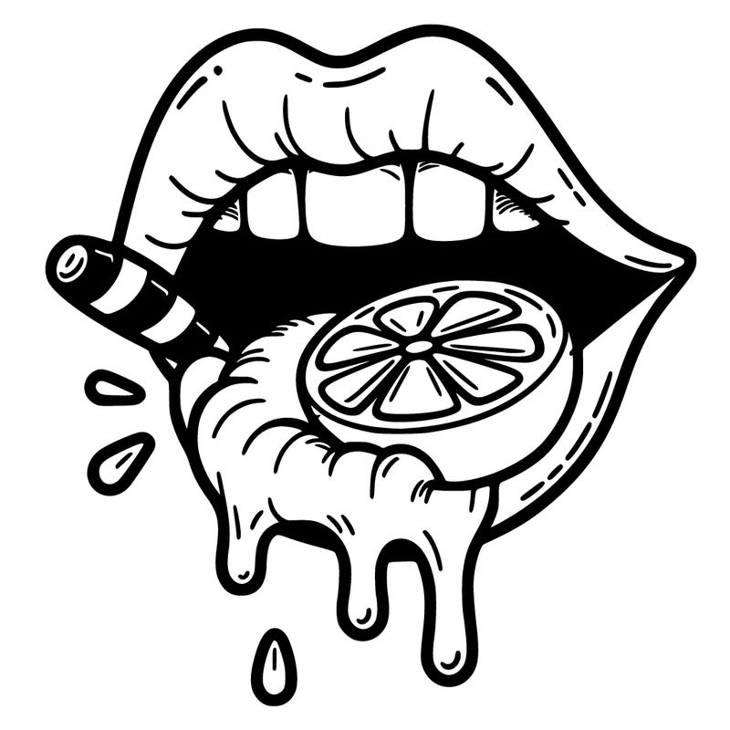 a lip with teeth with a bottom lip with teeth with a lime dripping with juice