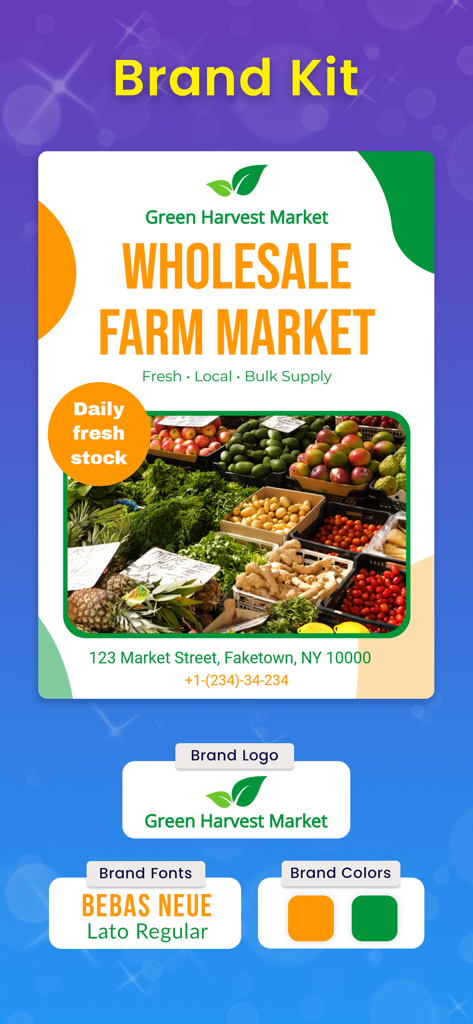 Capture d'écran de la fonctionnalité Kit de Marque de l'application Pixeen montrant le logo personnalisé, les polices et les couleurs utilisés pour créer un flyer de marché fermier.