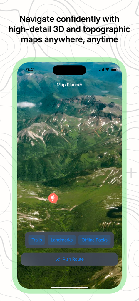 Offline RouteMap 3D - Capture d'écran d'Offline RouteMap 3D montrant une carte de montagne topographique 3D pour la planification de sentiers