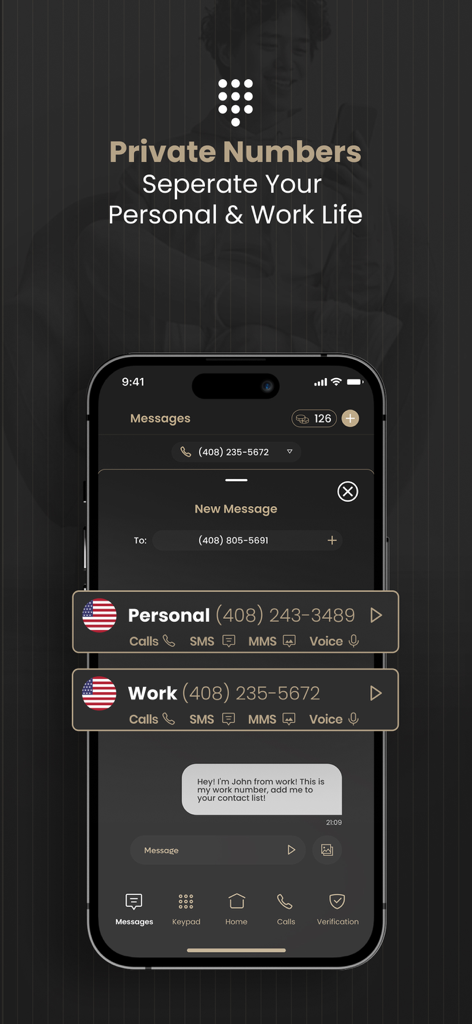 2nd Line+ Second Phone Number - Interface of the 2nd Line app showing separate US phone numbers for personal and work use