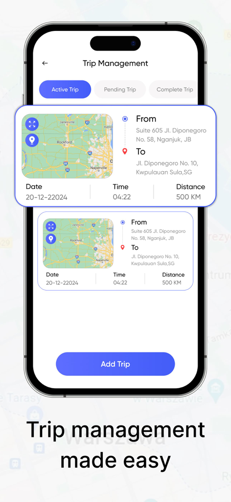 Truck Map Navigator: Truck GPS - Interface de l'application Navigateur de Carte Camion affichant l'écran de gestion des trajets avec les détails de l'itinéraire.