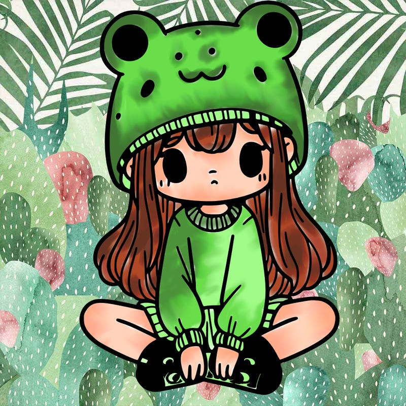 a girl wearing a frog hat and some frog socks