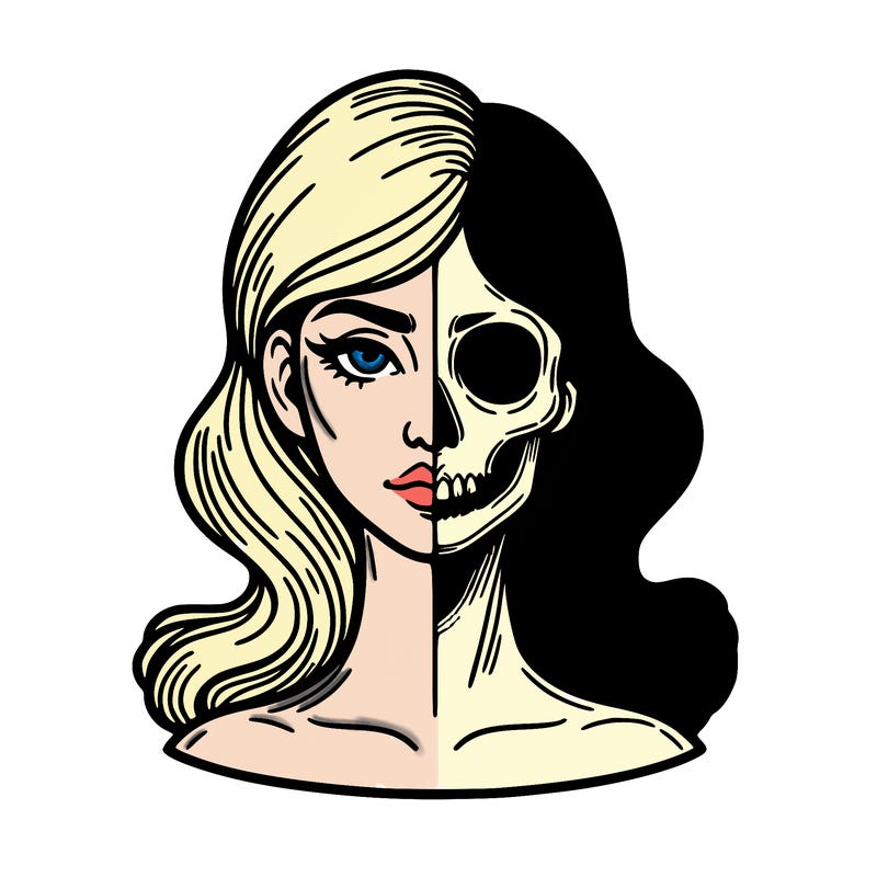 bust of a woman, half face and hair, half skull