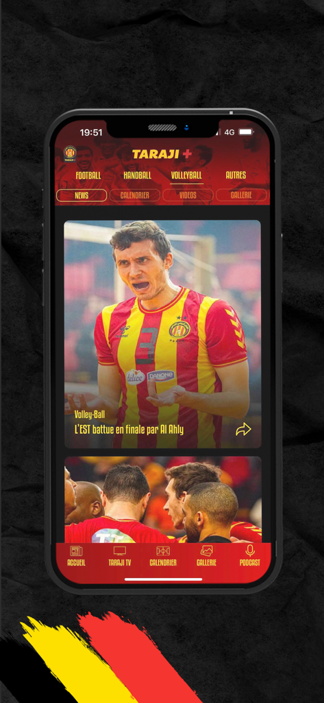 Taraji + - Le fil d'actualités de l'application Taraji Plus présentant un article sur un match de volleyball de l'Espérance Sportive de Tunis.