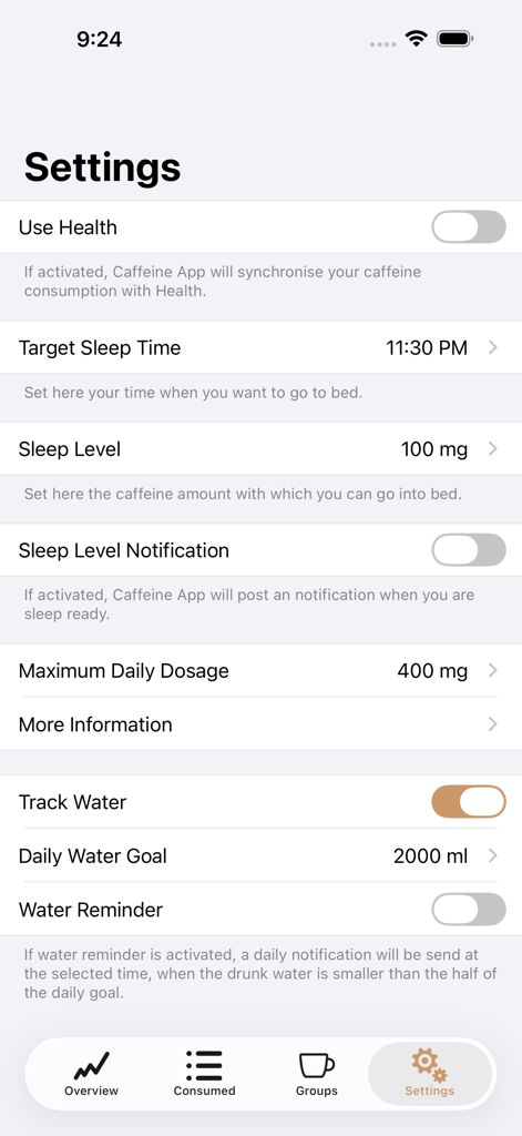 Caffeine App - Track Caffeine - Écran des paramètres de l'application Caféine pour configurer les objectifs de sommeil, les limites de caféine et le suivi de l'eau