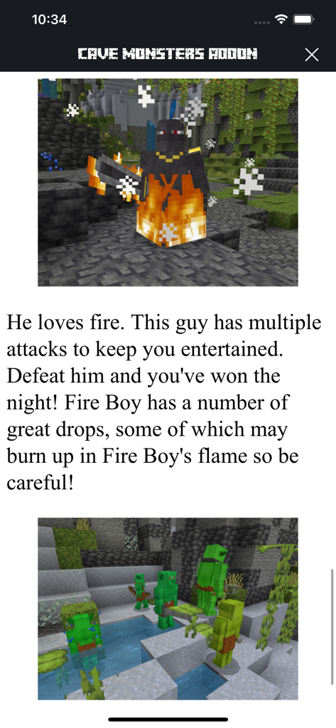 Preview of the Cave Monsters addon for Minecraft PE featuring a fiery character and green cave creatures.