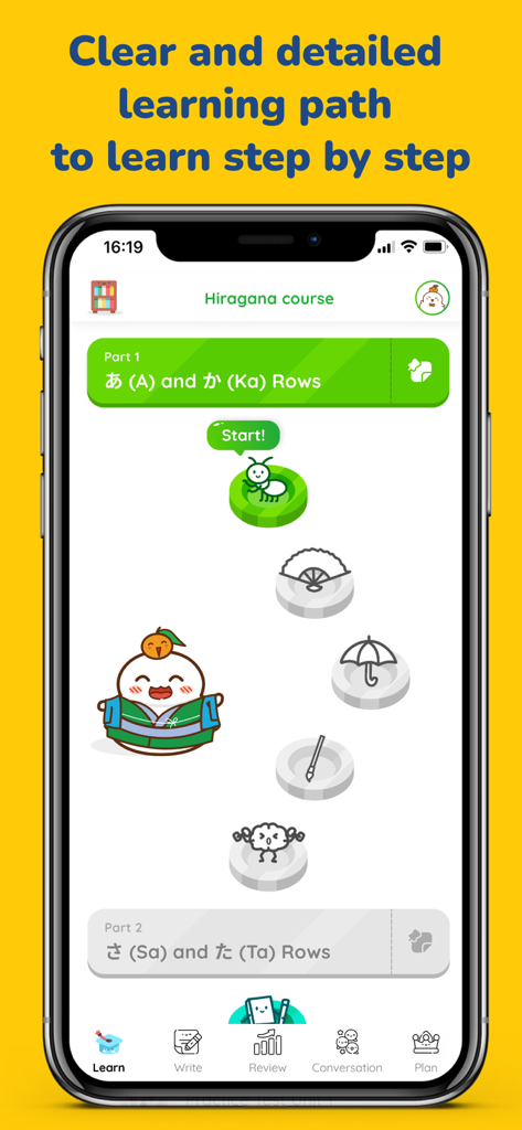 MochiKana app screenshot showing a step-by-step Japanese Hiragana learning path with cute mascots.