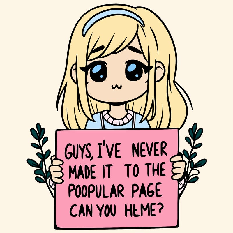 a girl holding up a sign that says, guys, i’ve never made it to the popular page, can you help me?