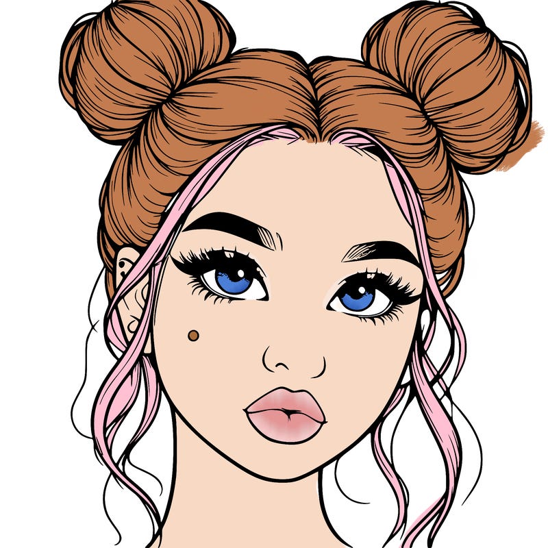 realistic girl with two buns on her hair and lips