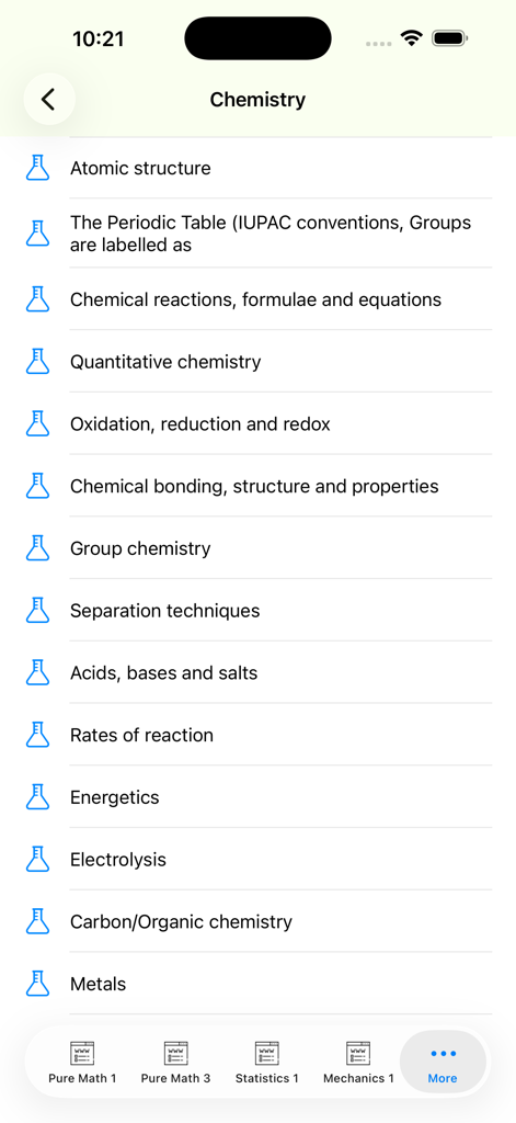 AlevelMath - Lista de temas de química en la aplicación educativa AlevelMath.