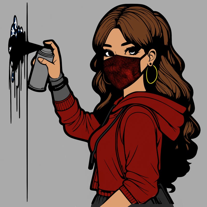 realistic girl with mask spray painting a wall