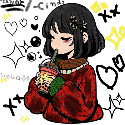 manga girl drinking boba in cozy sweater