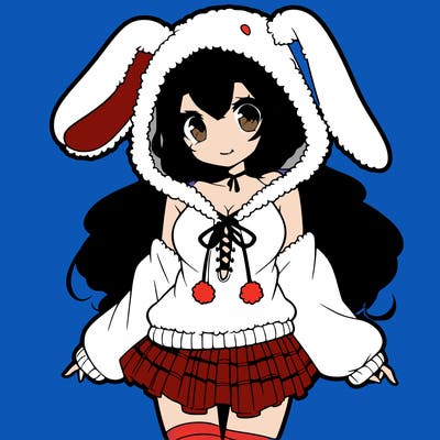 pretty anime girl wearing a fluffy hoodie with bunny ears on the hood and a skirt