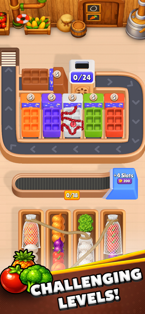 Farm Loop: Harvest Puzzle - Farm Loop Harvest Puzzleのゲームプレイ画面。農場をテーマにした背景の選別箱とコンベアベルトが表示されています。