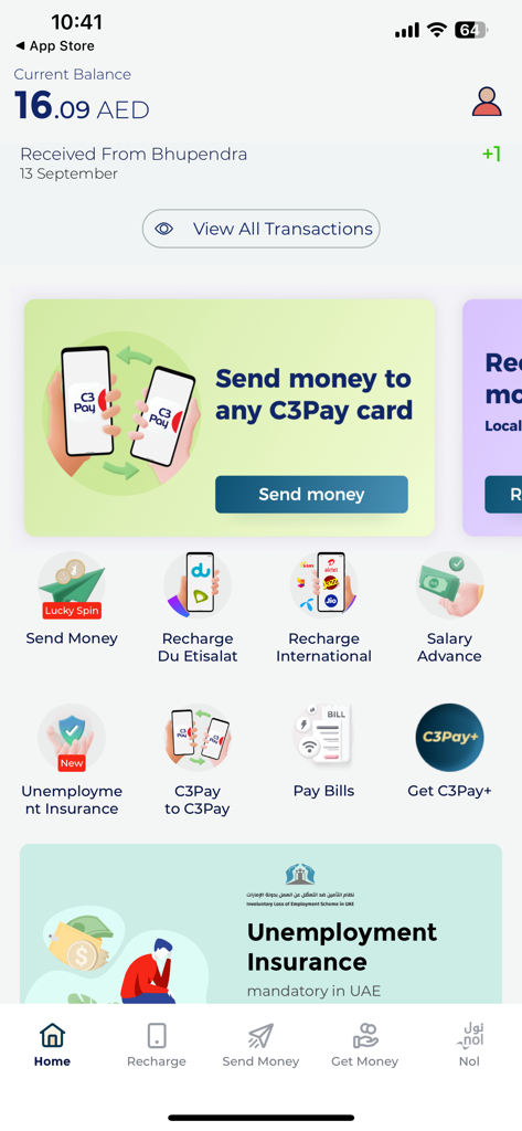 C3Pay - C3Pay mobile app dashboard showing account balance and quick access icons for money transfer mobile recharge and salary advance