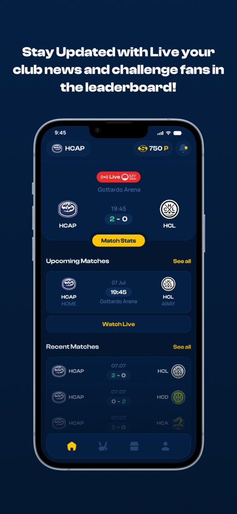HCAP Digital Hockey - HCAP Digital Hockey App Mobile-Oberfläche mit Live-Spielständen und kommendem Spielplan