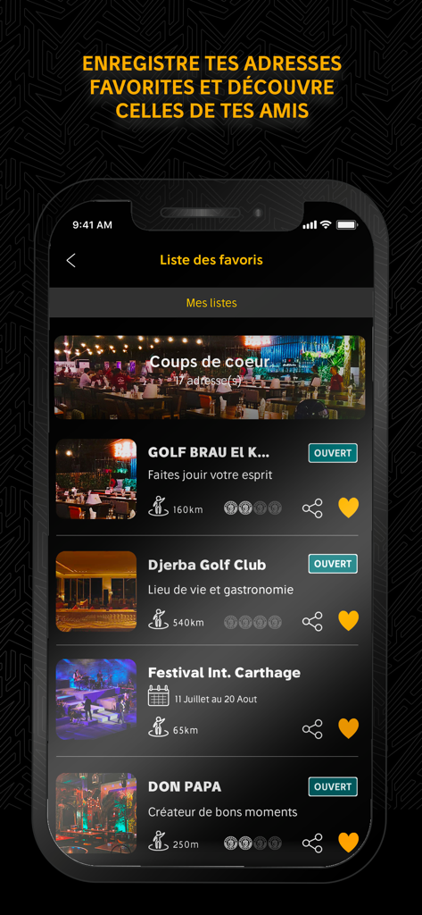 Mobile screen showing a list of favorite places and events on the Ija app