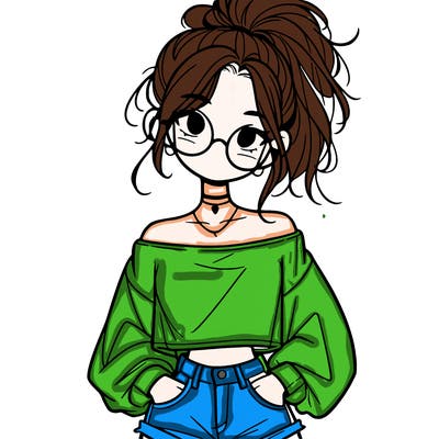 girl with a messy ponytail glasses a baggy crop top and jean shorts