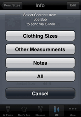 Clothes Size - La interfaz de la aplicación Tallas de Ropa que muestra un menú para compartir las tallas y medidas de ropa de un perfil de usuario por correo electrónico.