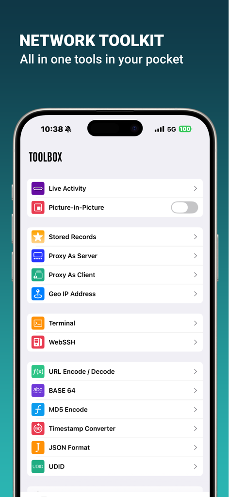 Network Sniffer app toolbox showing professional network and developer utilities