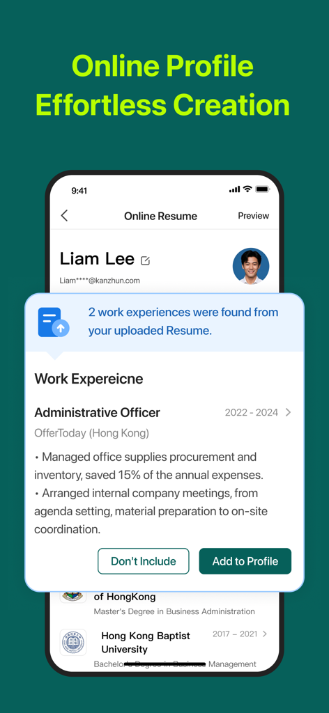 A mobile interface showing the OfferToday app extracting work experience from an uploaded resume to create an online profile.