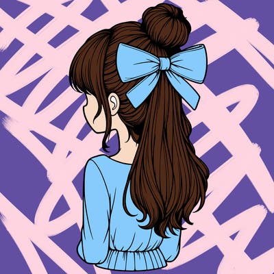 realistic girl  with hip length hair a bun and a big bow on the back of head