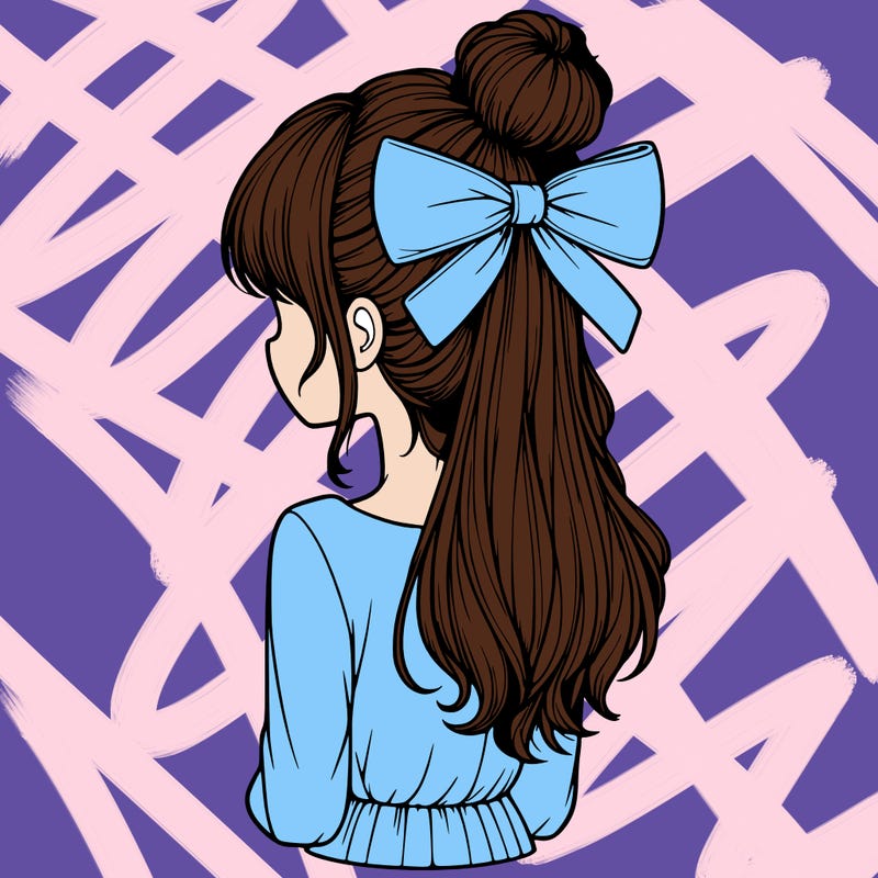 realistic girl  with hip length hair a bun and a big bow on the back of head