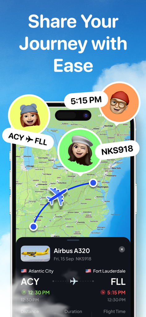 Sky Sync - Live Flight Tracker - A mobile interface for Sky Sync flight tracker showing a live flight map with options to share journey details with social contacts