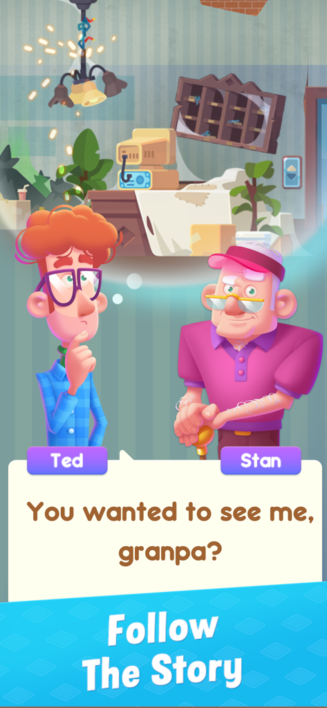 Ted et son grand-père Stan discutant de la rénovation de l'hôtel poussiéreux dans Hotel Rush