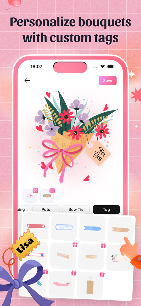DIY Flower Language Keyboard - Interface of the DIY Flower Language Keyboard app showing options to personalize a digital flower bouquet with custom name tags
