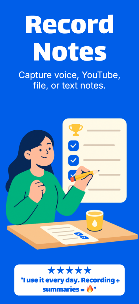 Sonic: Fast AI Transcriber - Una ilustración de una mujer tachando una lista de productividad bajo el texto Grabar Notas
