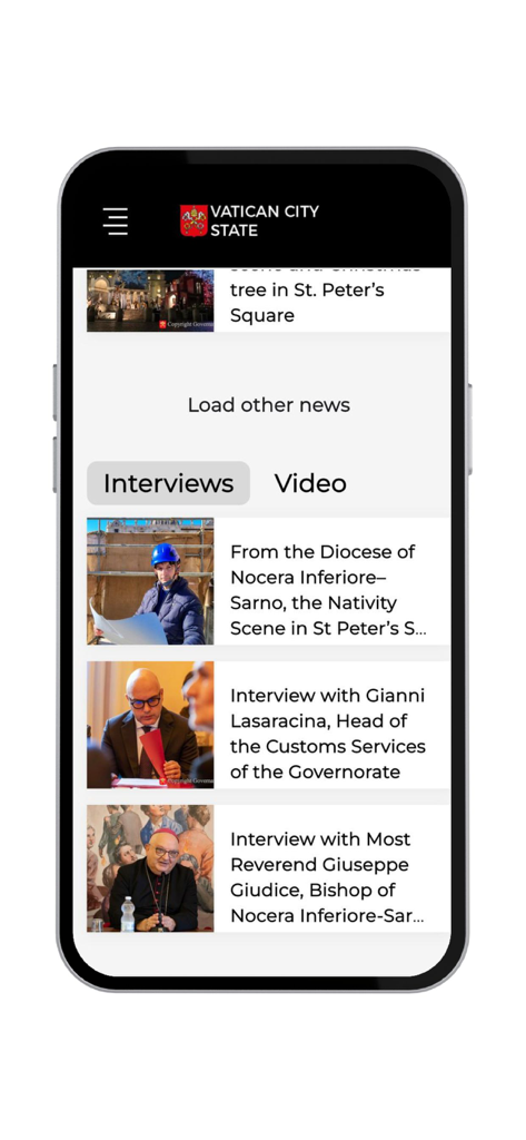 VaticanState - Aplicación oficial del Estado de la Ciudad del Vaticano que muestra noticias y entrevistas.