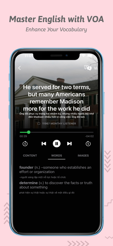 VOA Learning English: Podcast - A mobile app screenshot showing an English vocabulary lesson with Vietnamese translations and a podcast player interface.