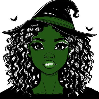 realistic black girl with wavy hair and witch hat and nose and lips