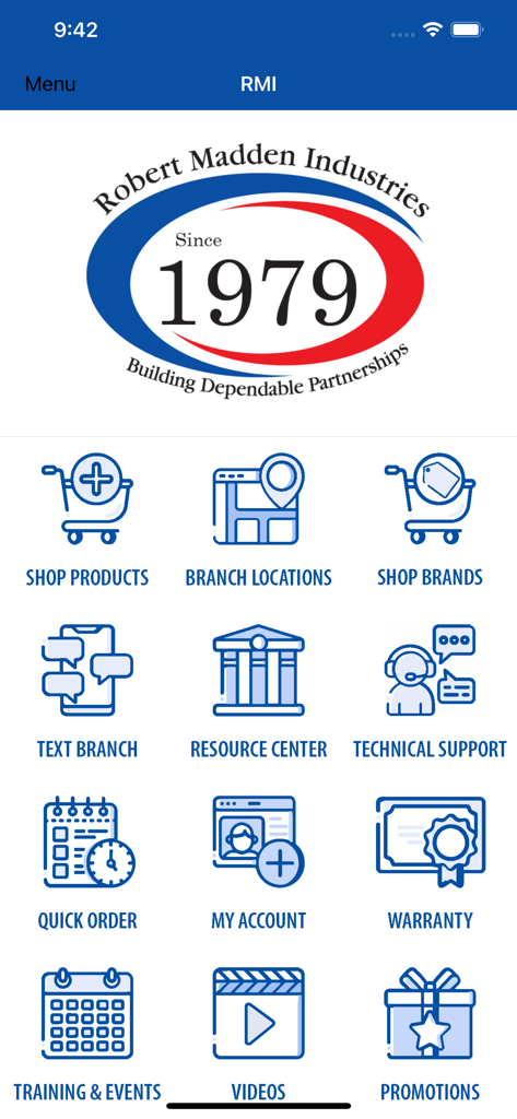 Robert Madden Industries - Robert Madden Industries mobile app home screen with icons for shop products branch locations and technical support