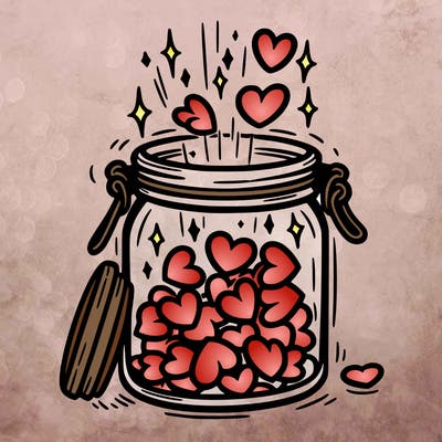 a jar filled with glowing hearts slowly opening and releasing them.