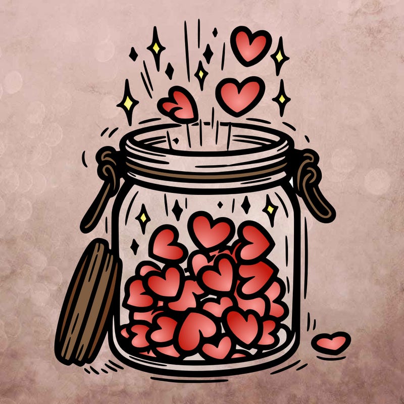 a jar filled with glowing hearts slowly opening and releasing them.
