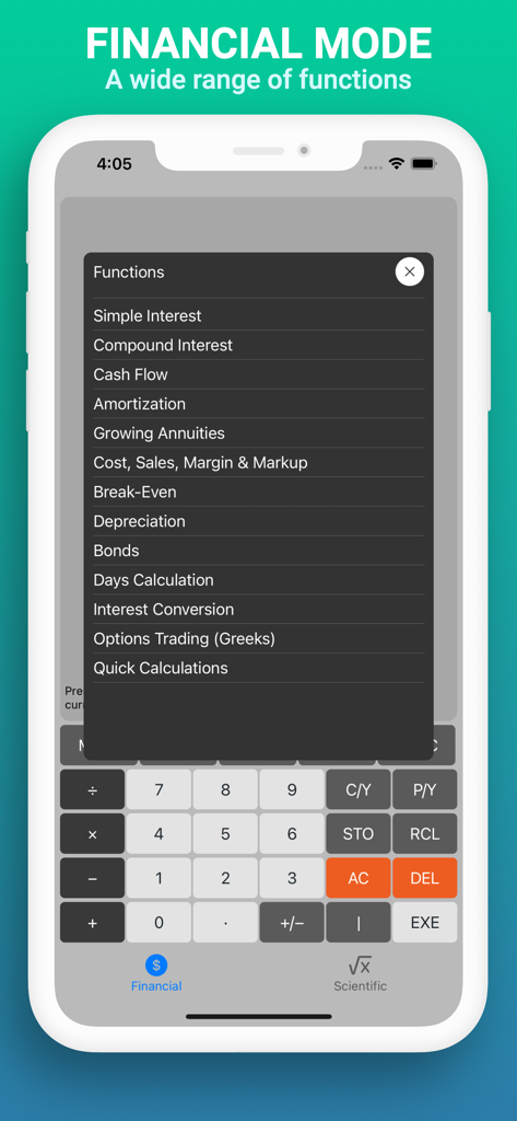 Una pantalla de smartphone que muestra el menú de modo financiero de FincCalc con varias funciones de cálculo