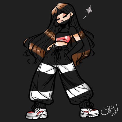 girl in baggy pants crop top and long hair