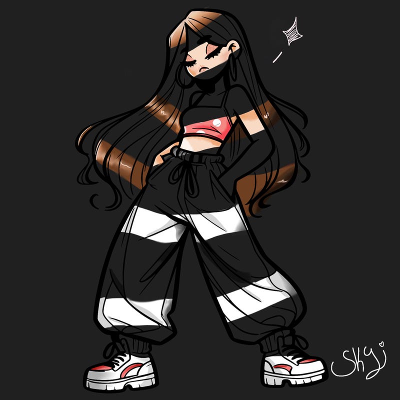 girl in baggy pants crop top and long hair