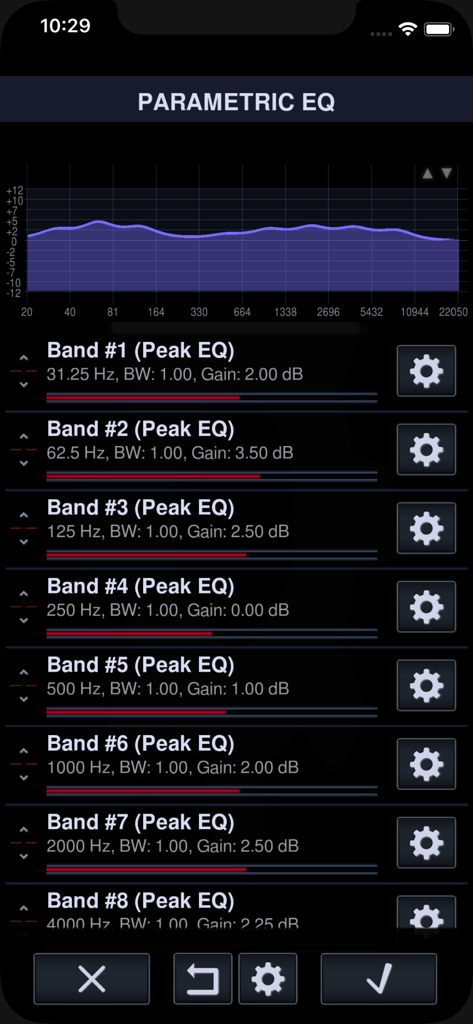 Neutron Music Player - Parametric EQ screen in Neutron Music Player showing multiple frequency bands and a response curve graph for audiophile audio tuning.