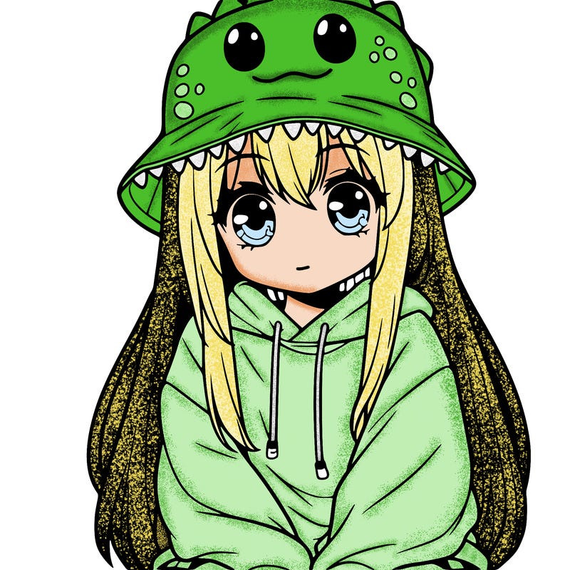 girl with anime shaped eyes with a dinosaur bucket hat oversized sweatshirt long straight hair